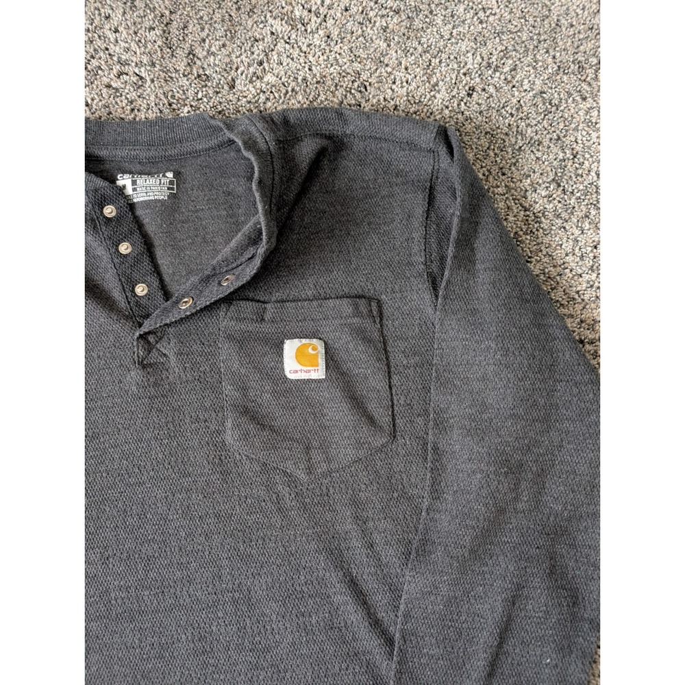 Carhartt Mens Relaxed Fit Long Sleeve Waffle Knit Henley Shirt Charcoal Grey M - Picture 2 of 3